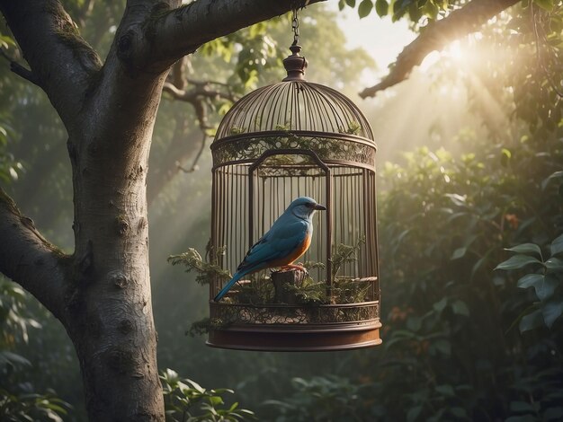 Een vogelkooi in een boom met een vogel erin terwijl de kooi deur open was