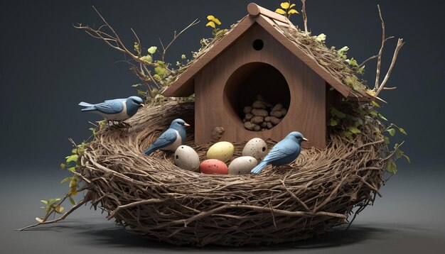 een vogelnest met blauwe vogels erin en een nest met eieren