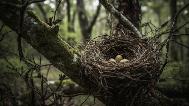 Een vogelnest met drie eieren in een boom