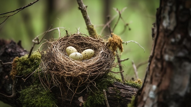 Een vogelnest met eieren in een boom