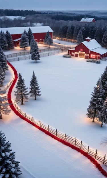 Een vogelperspectief van een met sneeuw bedekte boerderij met velden versierd door fonkelende lichtjes, dennentakken en...