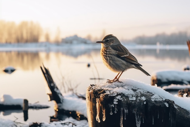 Een vogeltje op een boomstam, een bevroren meer in de winterse sfeer op de achtergrond
