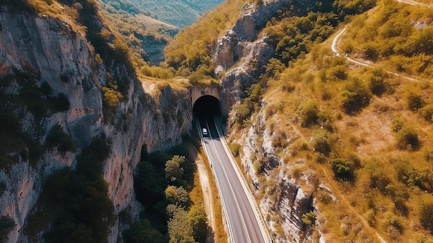 Een vogelzicht op een autotunnel in de bergen prachtige behang voor toerisme en reclame