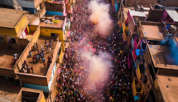 een vogelzicht op een grote menigte die Holi viert