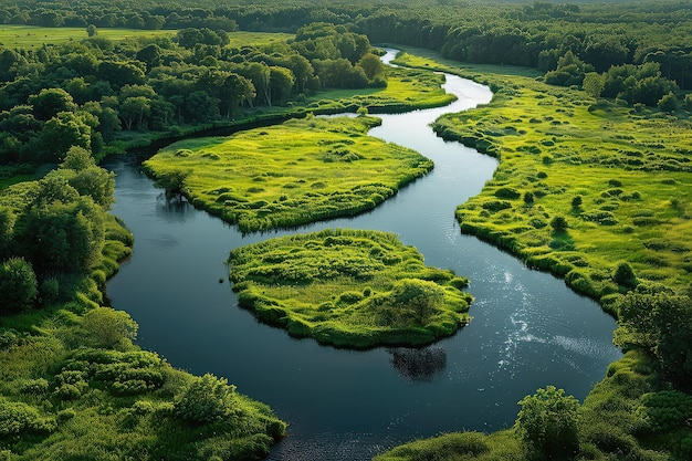 Een vogelzicht toont de rivieren zachte omhelzing van de regenwouden levendig groen