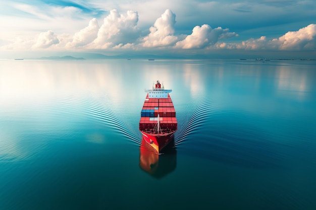 Een volgeladen rood vrachtschip zeilt soepel over rustige wateren