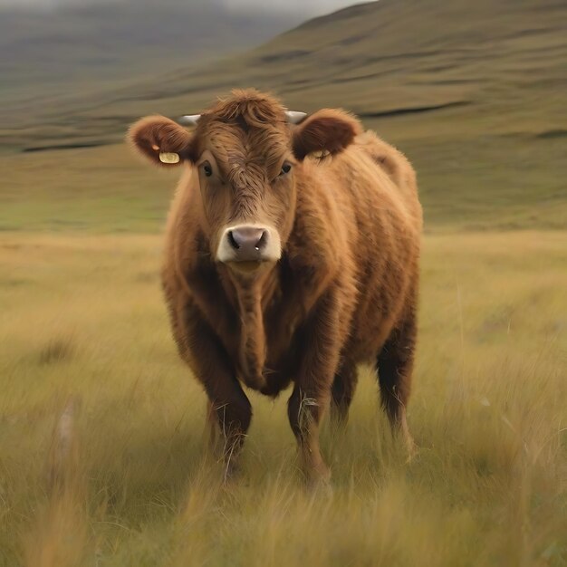 Een volle lichaam harige bruine koe in een grasland AI