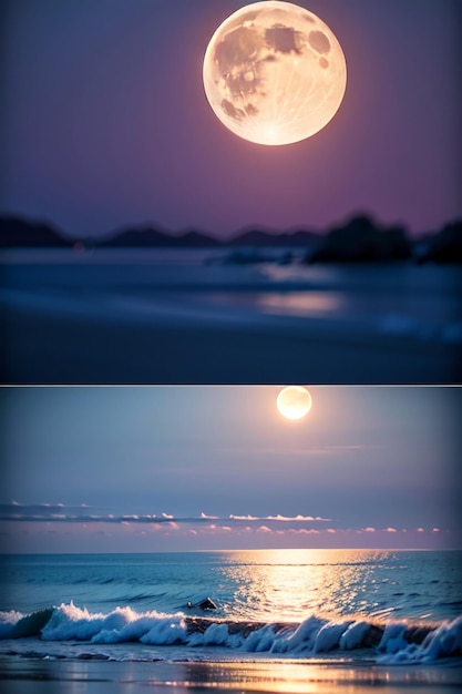 Een volle maan boven de oceaan en de zee
