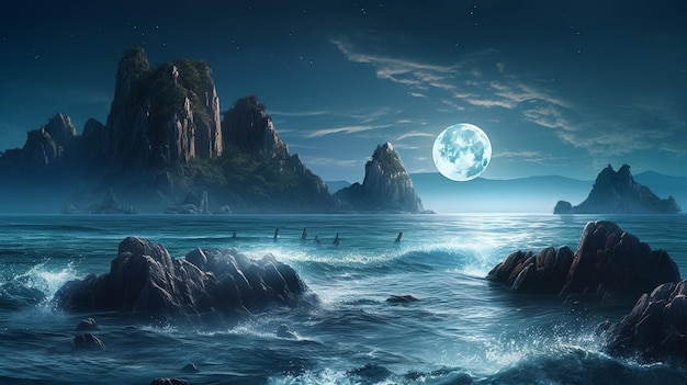 Een volle maan boven de oceaan met een berg op de achtergrond generatieve ai
