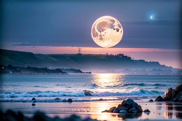 Een volle maan boven een strand met een strand en oceaan op de achtergrond.