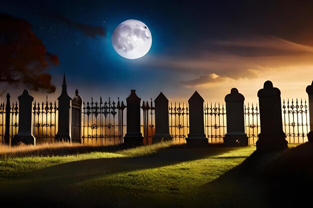 Foto een volle maan is te zien achter een hek op een begraafplaats.
