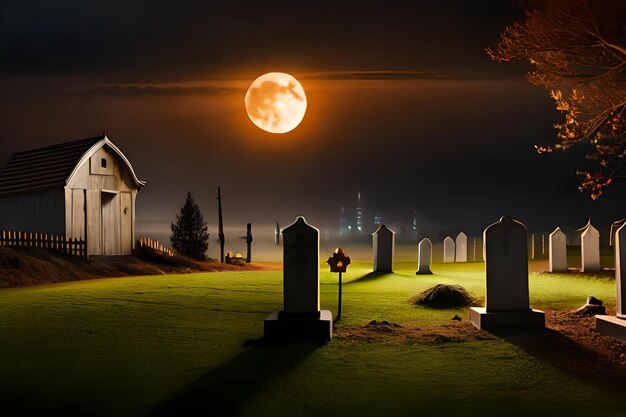 Foto een volle maan komt 's nachts op boven een begraafplaats.