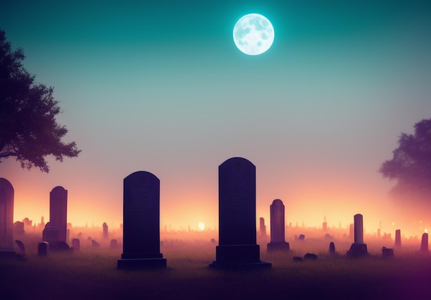 Een volle maan staat aan de hemel boven een kerkhof.