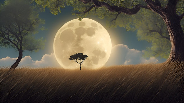 Een volle maan staat achter een boom in een veld