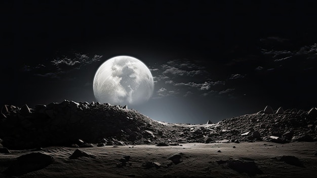 Een volle maan stijgt op over een landschap van rotsen.