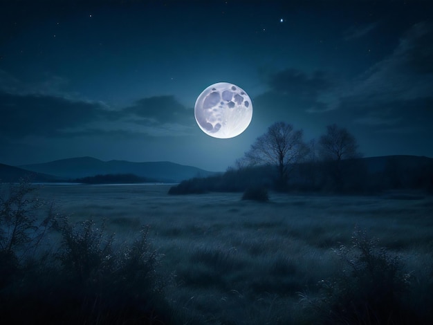 een volle maan wordt gezien boven een veld met gras en bomen