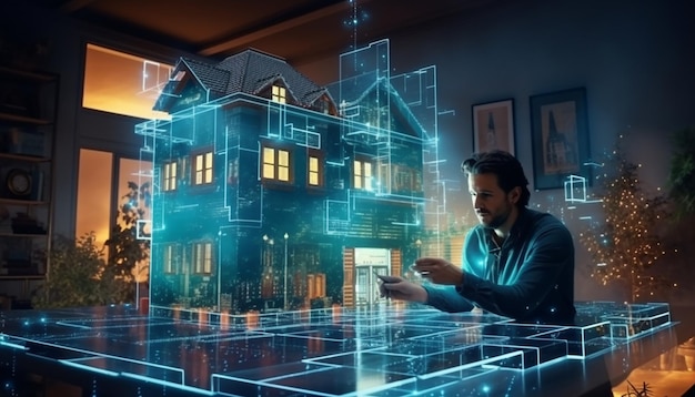 Foto een volledig digitaal huis gemaakt van pixels en hologrammen wordt gebouwd terwijl een gelukkige en geïnspireerde man i