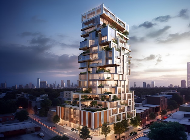 Een volledig drone-beeld van het uiterlijk van een luxe residentieel appartementencomplex