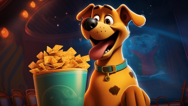 Een volledig lichaamsbeeld van Scooby Doo Dog opgewonden en actief genietend van snacks kinderboek