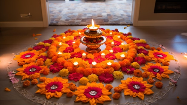 Een volledige weergave van rangoli in oranje en andere kleuren met behulp van bloemen full HD achtergrond