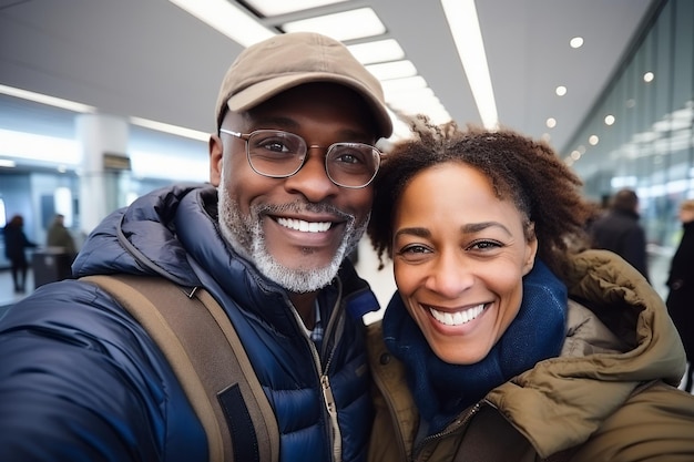 Een volwassen afro-paar op de luchthaven neemt een selfie voor het vertrekken van de vlucht.