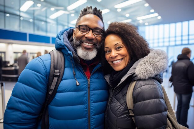 Een volwassen afro-paar op de luchthaven neemt een selfie voor het vertrekken van de vlucht.