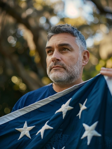 Een volwassen man met een contemplatieve blik houdt de Amerikaanse vlag vast die respect en patriotisme symboliseert