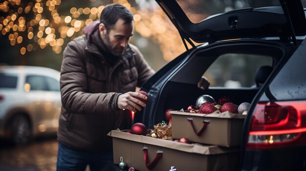 Een volwassen man stopt kerstcadeaus in de kofferbak van zijn auto.