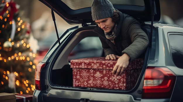 Een volwassen man stopt kerstcadeaus in de kofferbak van zijn auto.