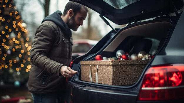 Een volwassen man stopt kerstcadeaus in de kofferbak van zijn auto.