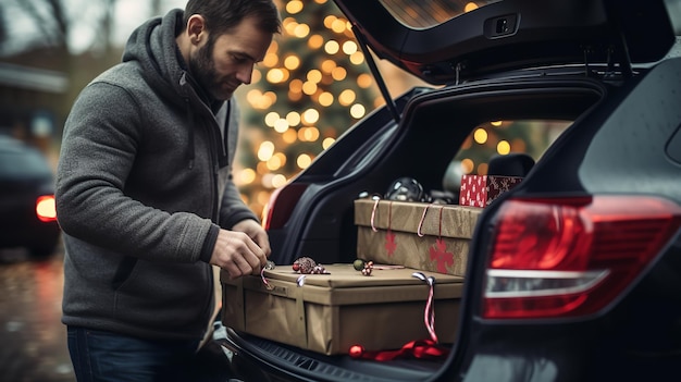 Een volwassen man stopt kerstcadeaus in de kofferbak van zijn auto.