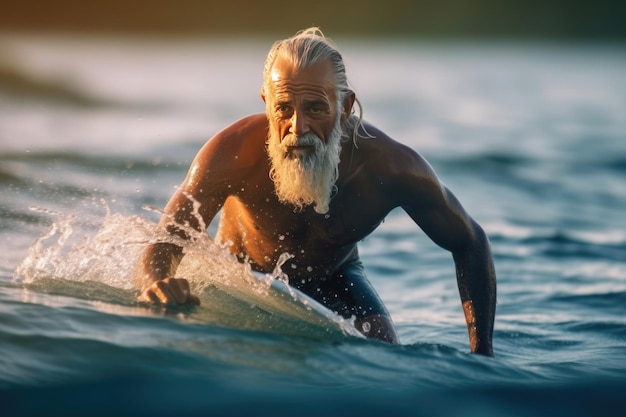 een volwassen man surfer in het water voor sport, fitness en surfen tijdens de zomer Training, training en oefening met een mannelijke atleet op zijn surfplank in de oceaan Surf Generaive Ai