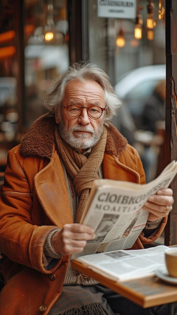 Foto een volwassen man zit in een café en leest een krant.