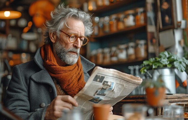 Foto een volwassen man zit in een café en leest een krant.