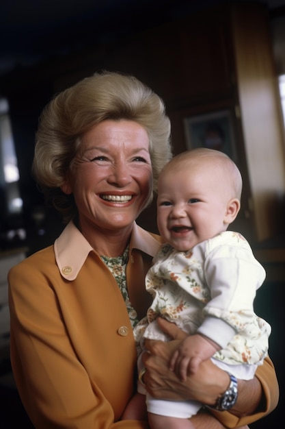 Foto een volwassen vrouw die glimlacht terwijl ze een baby vasthoudt die is gemaakt met generatieve ai.