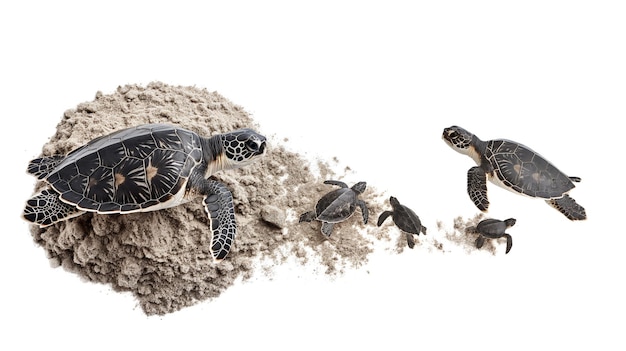 Een volwassen zeeschildpad en jongen op het zand vertegenwoordigen de reis naar de zee na het uitkomen van e