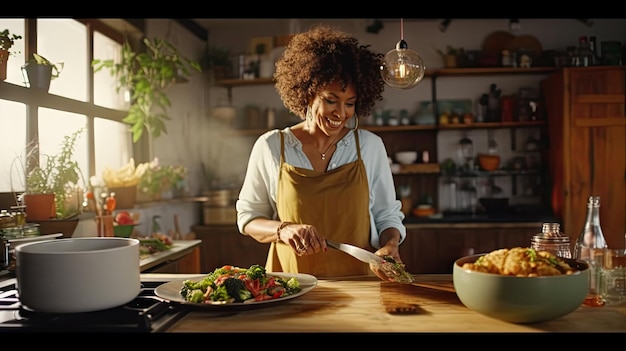 Een volwassen zwarte vrouw is bezig met het bereiden van eten in een keuken en toont haar culinaire expertise