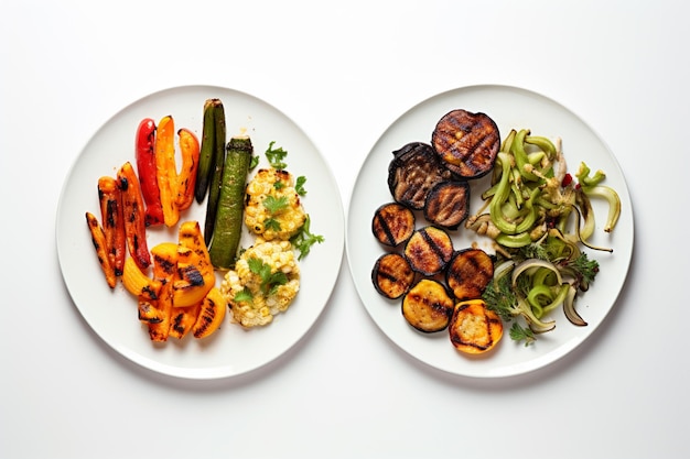 Een voor-en-na collage met een bord gegrilde groenten en magere eiwitten versus een bord o