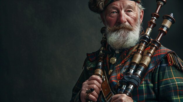 Foto een vooraanstaande schotse doedelzakspeler in zijn vijftigs met een trotse uitdrukking en een volledige highland jurk dompel jezelf in het rijke culturele erfgoed van schotland met dit boeiende beeld