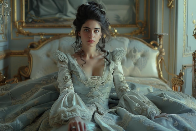 Een vooraanstaande vrouw in een Napoleontische jurk zit centraal in een uitgestrekte verlichte kamer.