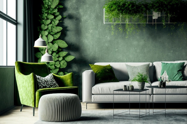 Een voorbeeld van een eigentijdse loftlounge en woonkamer met een groene muurtextuurachtergrond