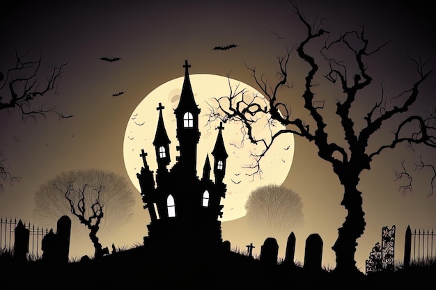 Een voorbeeld van een Halloween-idee een kasteel en begraafplaats als achtergrond voor een enge scène