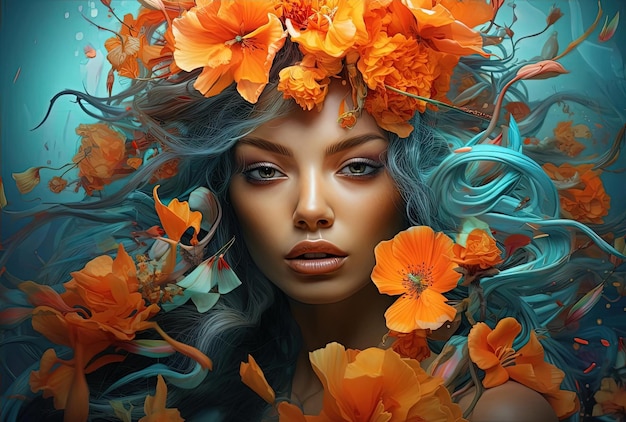 een voorbeeld van postdigitale kunst van een kleurrijke vrouw die bloemen draagt in de stijl van lichtcyaan