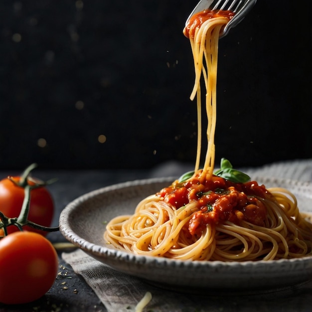 Een vork vol stoomende spaghetti met glanzende noedels