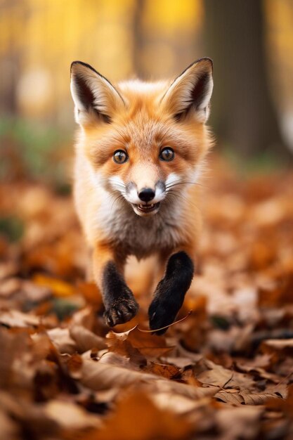 Foto een vos die in de herfst door de bladeren loopt