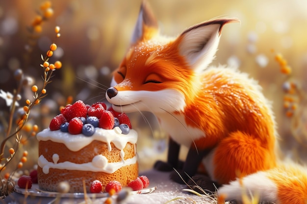 Een vos eet een stuk taart met bessen erop.
