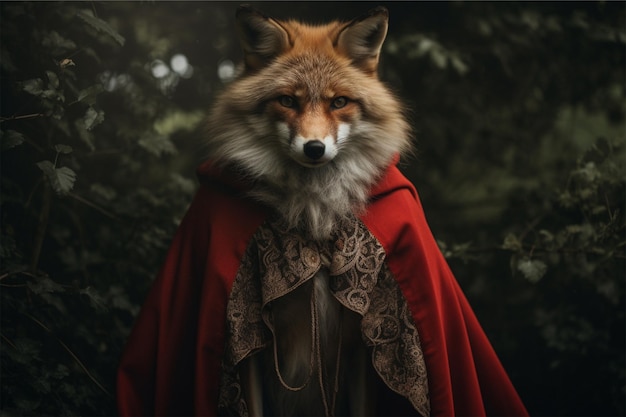 een vos in een rode cape met een cape erop
