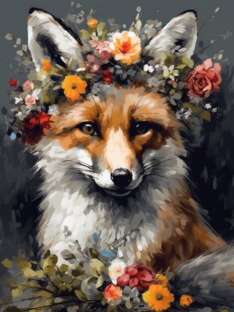een vos met bloemen op zijn hoofd