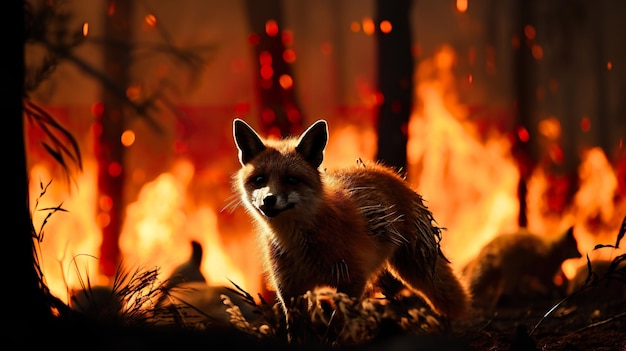 Een vos staat voor een vuur Generatieve AI Wilde dieren ontsnappen aan bosbrand