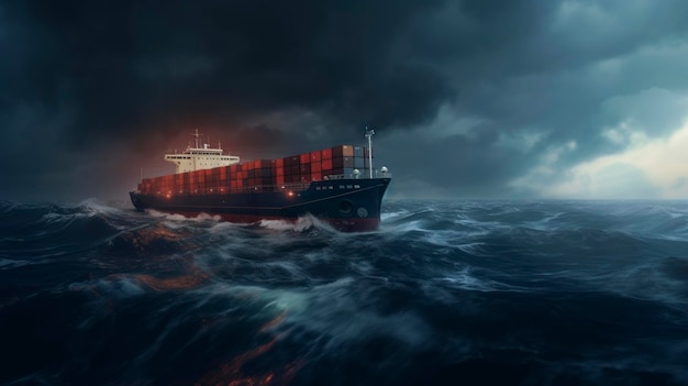 Een vrachtschip breekt door stormachtige golven in de zee.